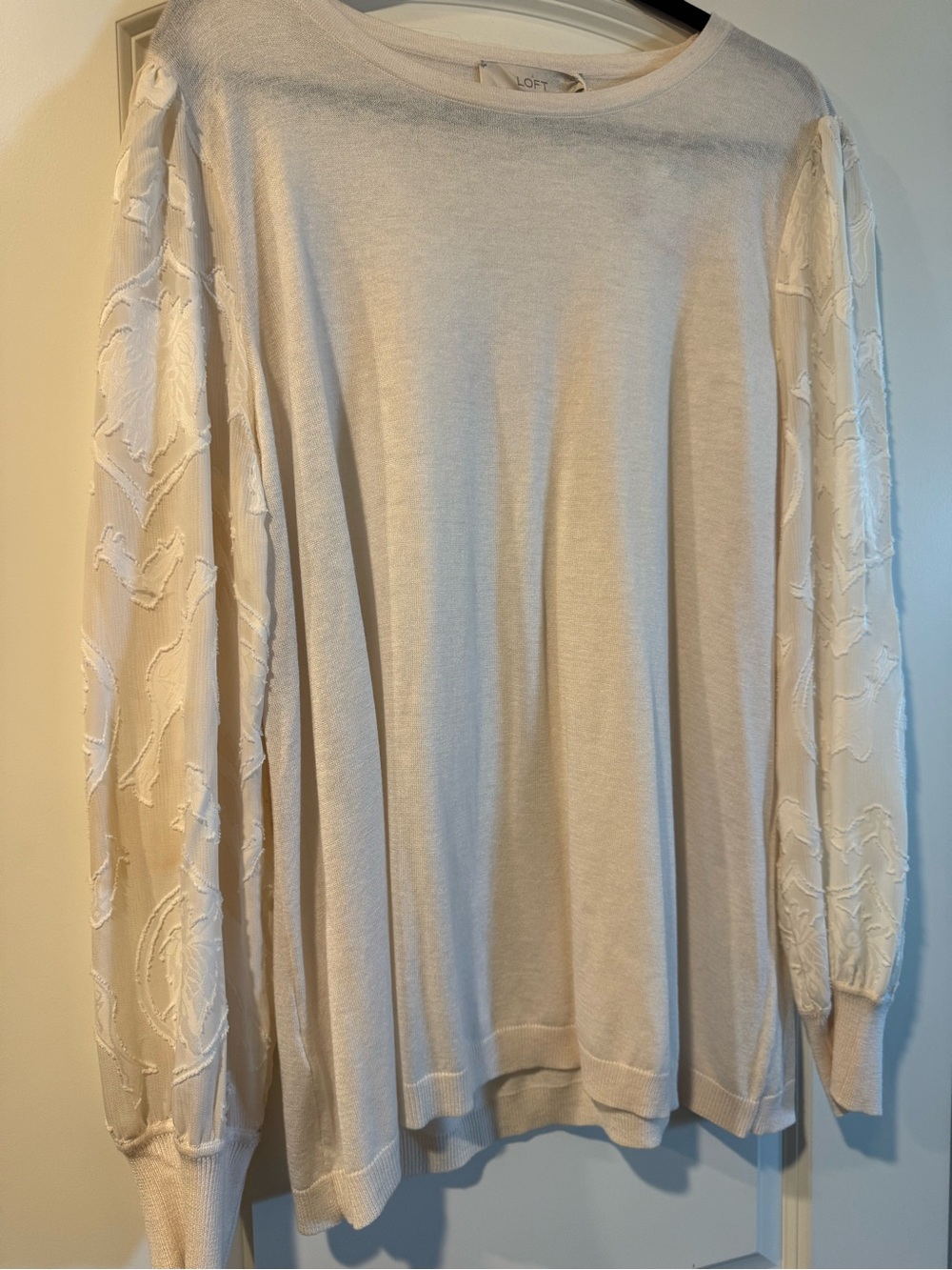 LOFT Cream Knit Sweater with Floral Sheer Sleeves